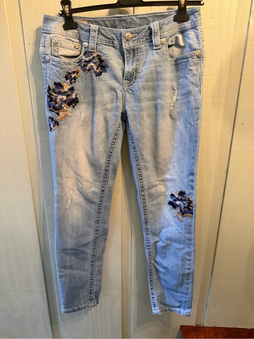 Miss Me Light Blue Skinny Jeans with Navy & Tan Floral Embroidery